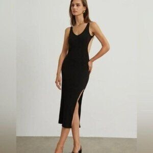 Commense Black Ribbed side slit Open back sexy midi Dress Size Small New!